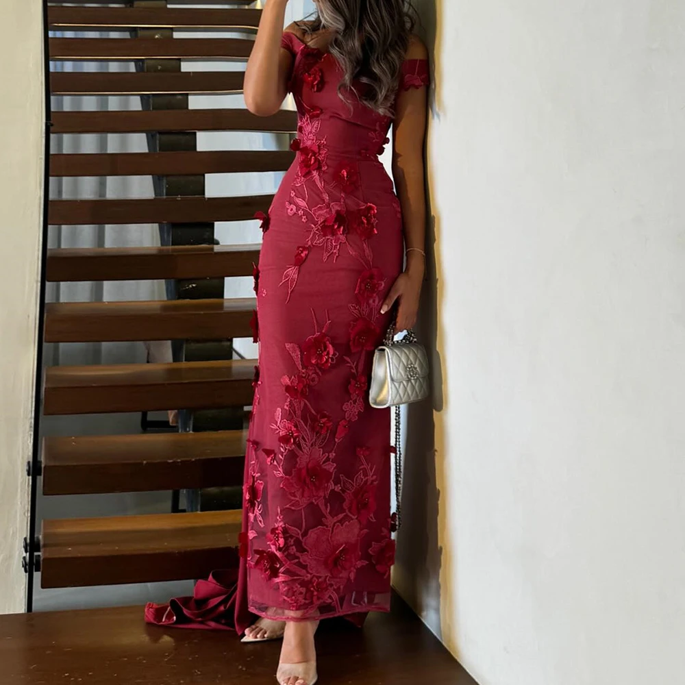 

Fashion Tulle Straight Off the Shoulder Flowers and Pearls Evening Dress Strapless Floor Length Sleeveless Panel Train Red