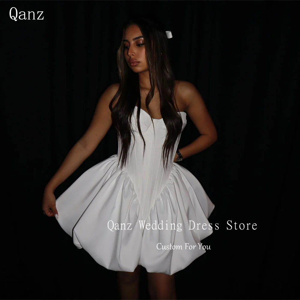 

Qanz White Satin Short Wedding Party Dresses Sweetheart Above Knee Vestidos de novia Sleeveless Vestidos De Fiesta Customized