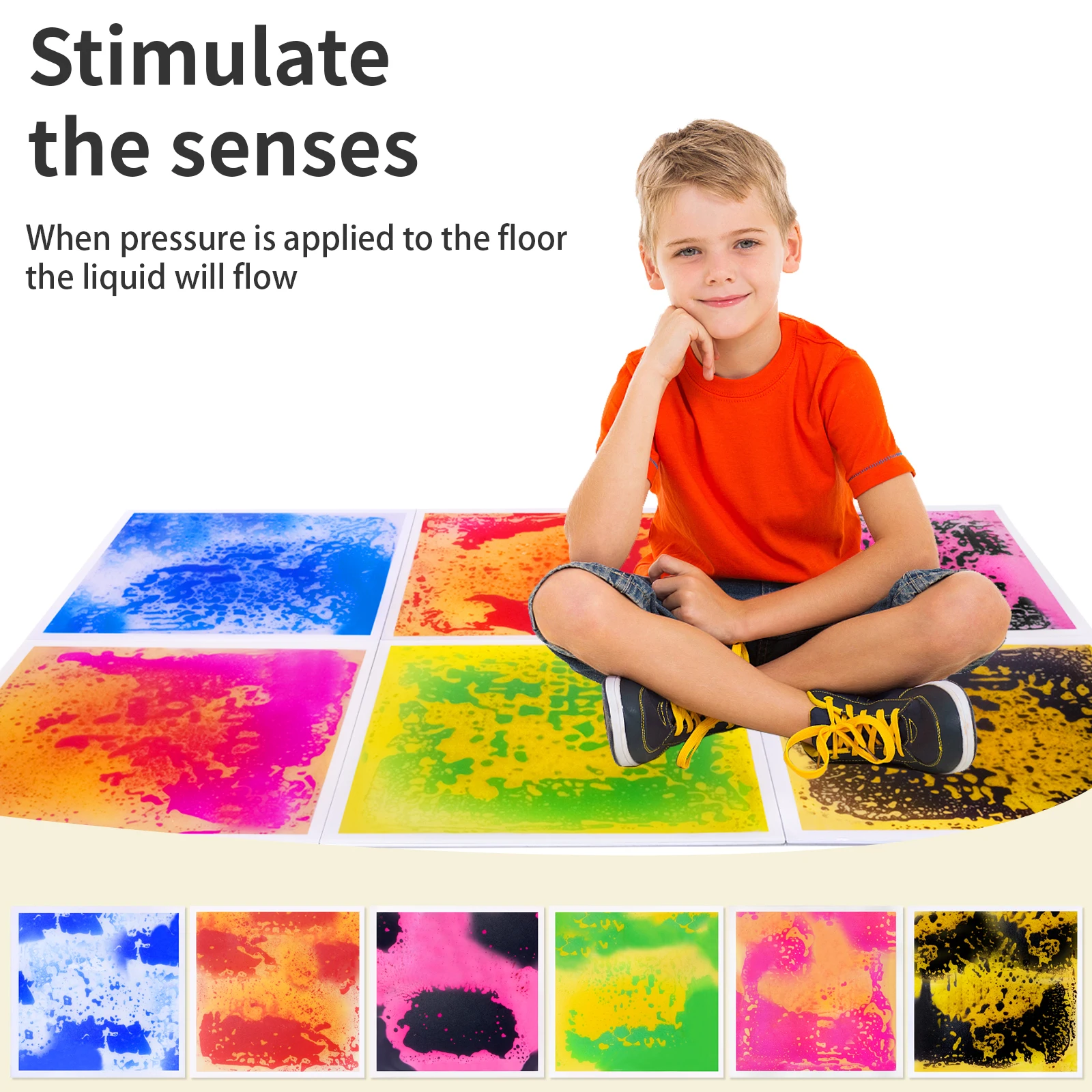 Encantadores baldosas sensoriales para niños, tapete educativo interactivo líquido a base de agua para sala de terapia, cuadrados de suelo sensorial