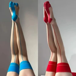 Vintage Cuban Heel Back Seam Thigh High Stockings Oil Shiny Ultra Thin Transparent Silk Hosiery Women Sexy Patchwork Lingerie