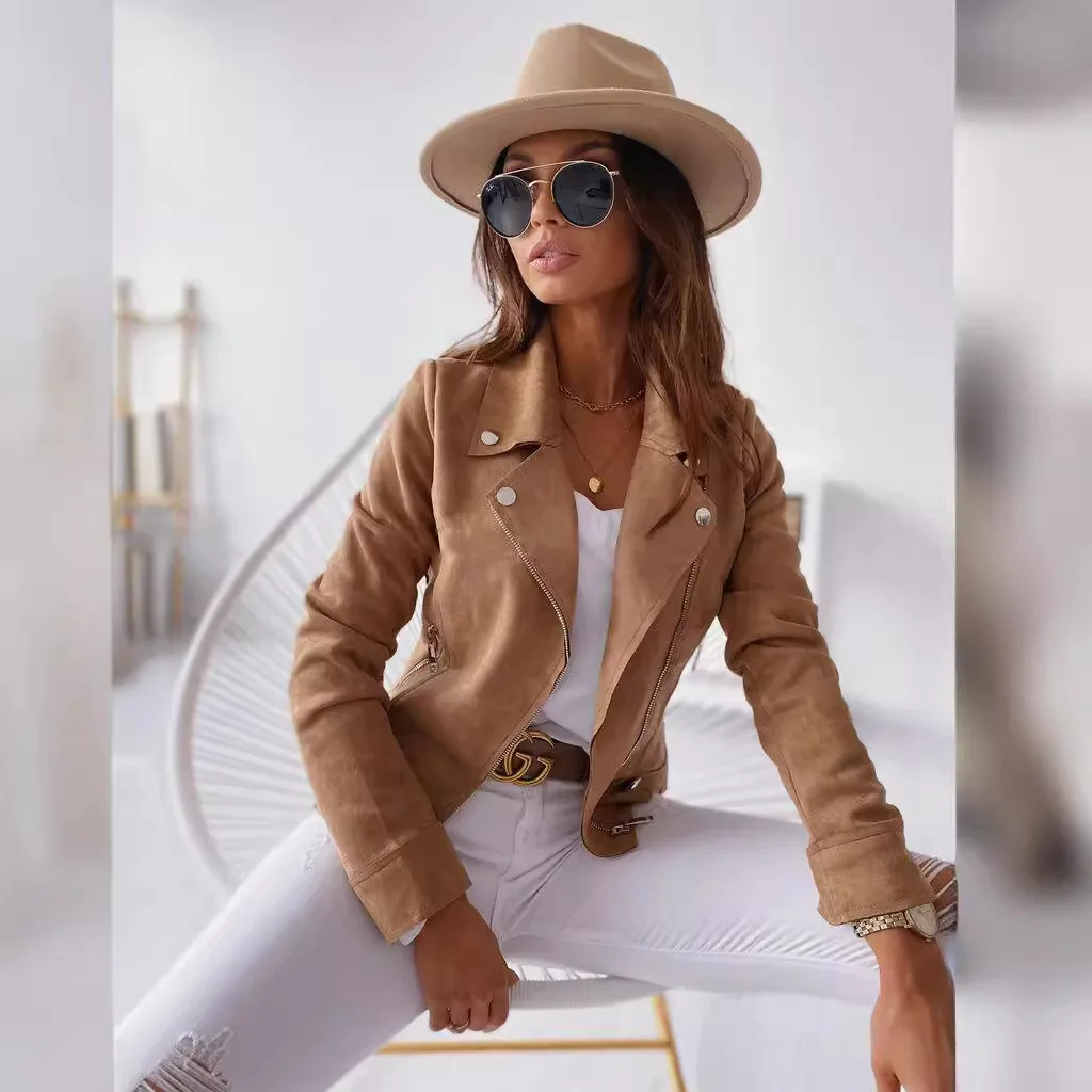 High-quality new women\'s Europe and the United States Slim lapel zipper deerskin velvet short jacket coat women