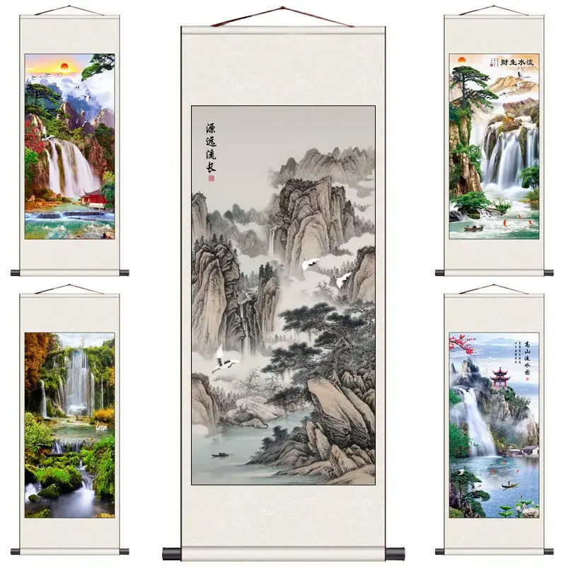 Long Landscape Scroll Painting Finished Hanging Painting Living Room Decoration Gift Decoration Murale Salon Maison Luxe Mural