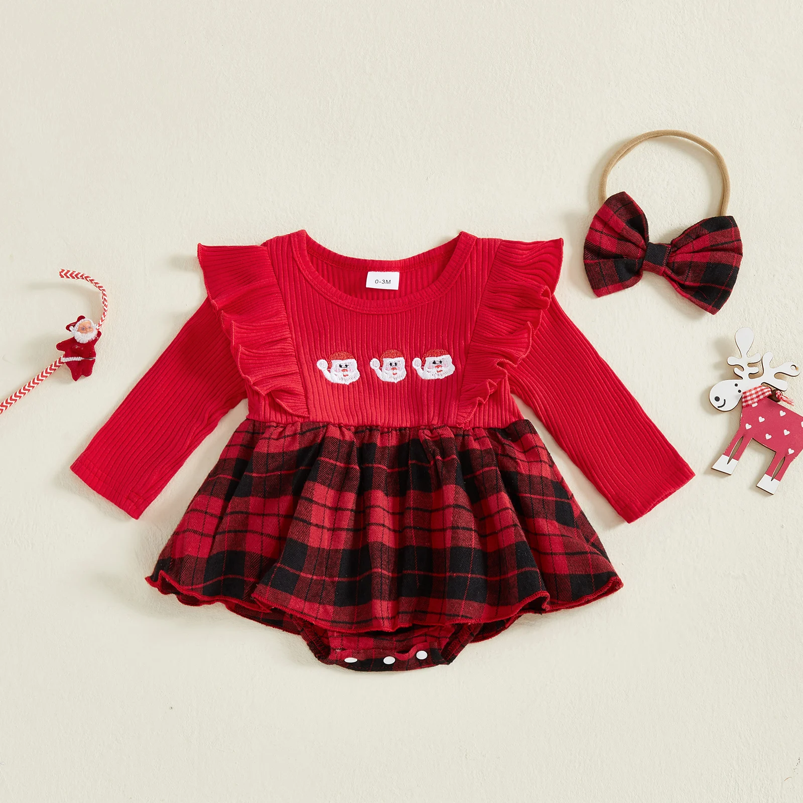 

Рождественские наряды для маленьких девочек, клетчатая юбка с длинными рукавами и принтом, комбинезон с повязкой на голову, комплекты одежды из двух предметов для новорожденных