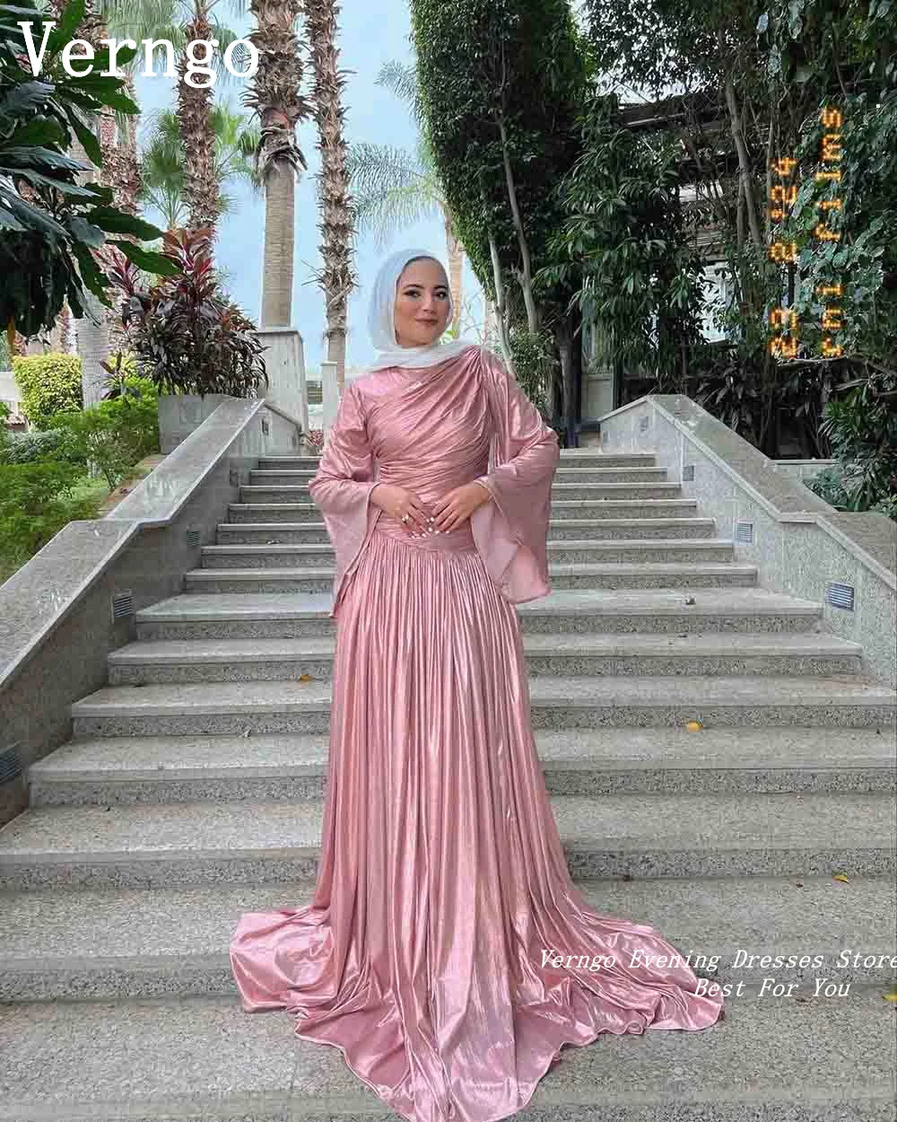 Verngo Pink Satin Prom Gowns High Neck Full Sleeves Party Dress Saudi Arabic Simple A Line Formal Occasion Dress