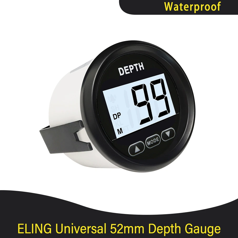 Newest 52mm Waterproof Digital Depth Gauge Indicator with Transducer and White Backlight for Yachts Fishing Boats 12VDC