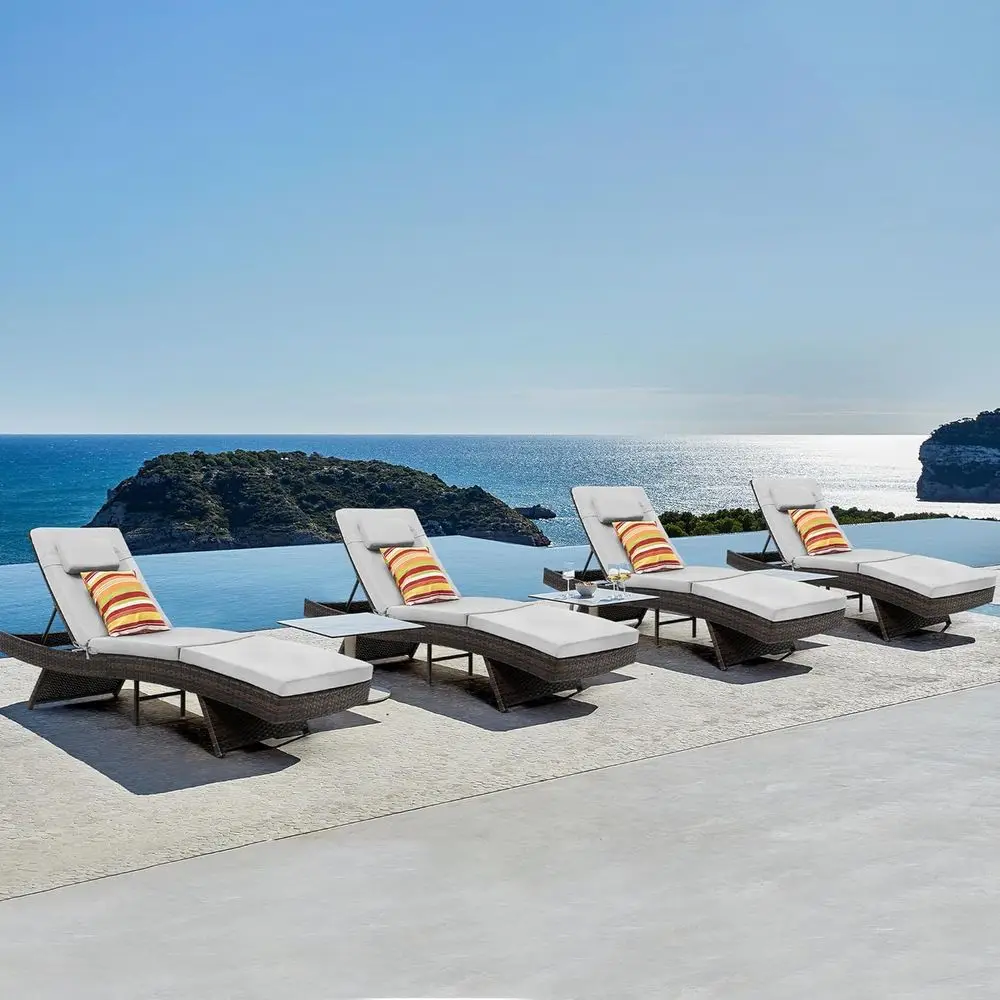 

4-Piece Grey Steel Adjustable Outdoor Chaise Lounge Set with Cushions and Pillows