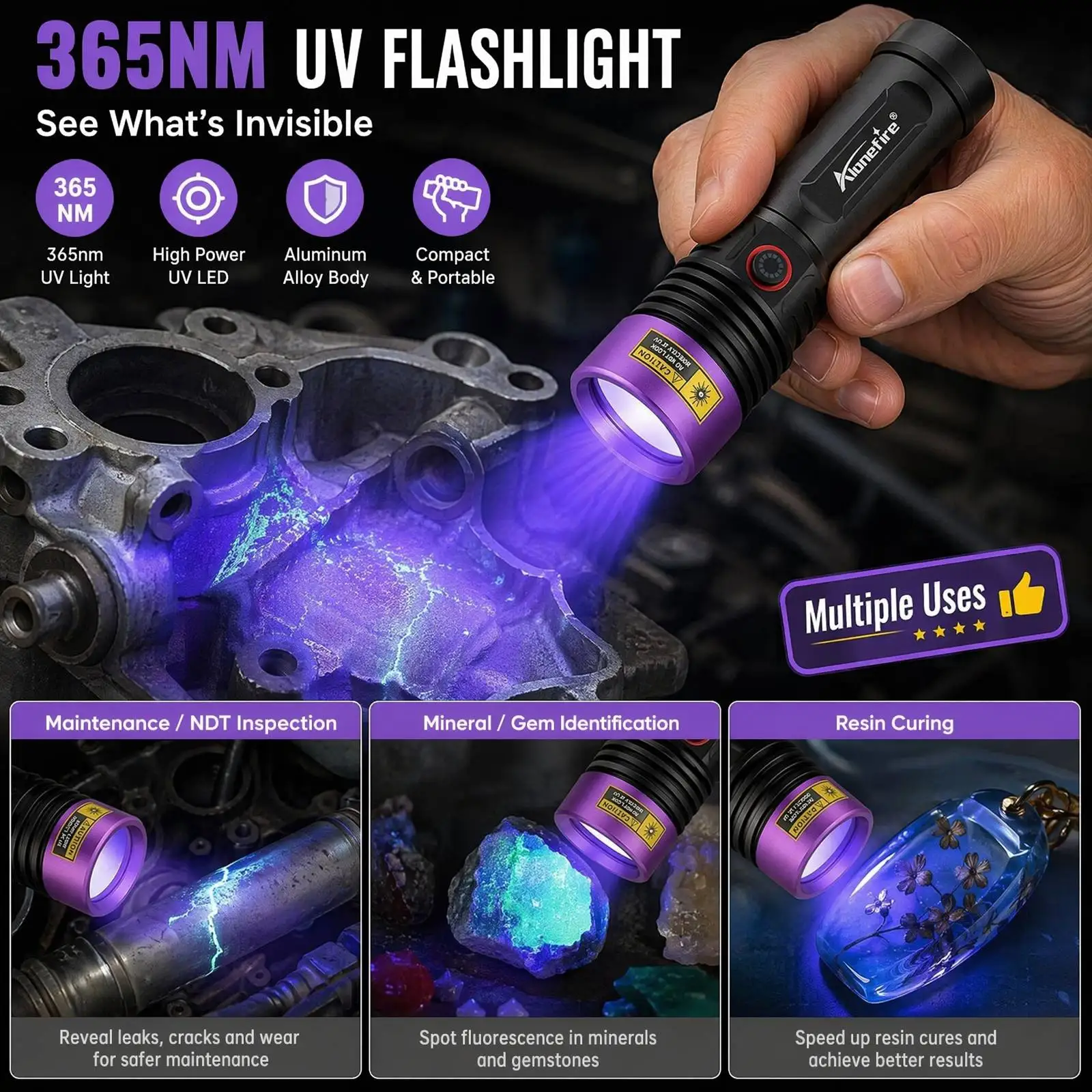 Alonefire 20W LED 365nm/395nm UV-Schwarzlicht-Taschenlampe USB-Aufladbar für Haustierflecken, Tinea, Geld, Erze, Edelsteine, Jade, Skorpione – Detail 2