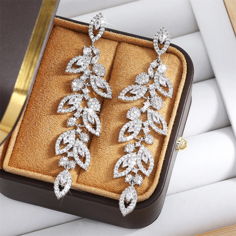 ZAKOL Luxury Shiny Zircon Polish Bridal Wedding Dange Earrings Elegant Marquise Leaf AAA CZ Long Drop Earring Party Jewelry