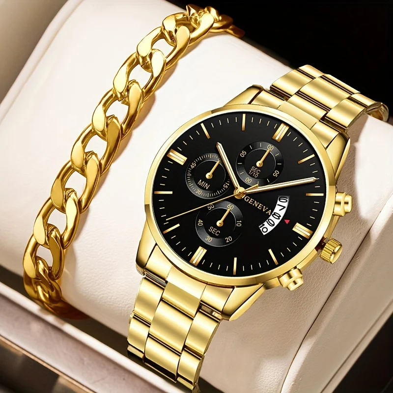 2pcs/set, Fashion Men\'s Business Stainless Steel Calendar Date Quartz Wristwatch & Bracelet Set