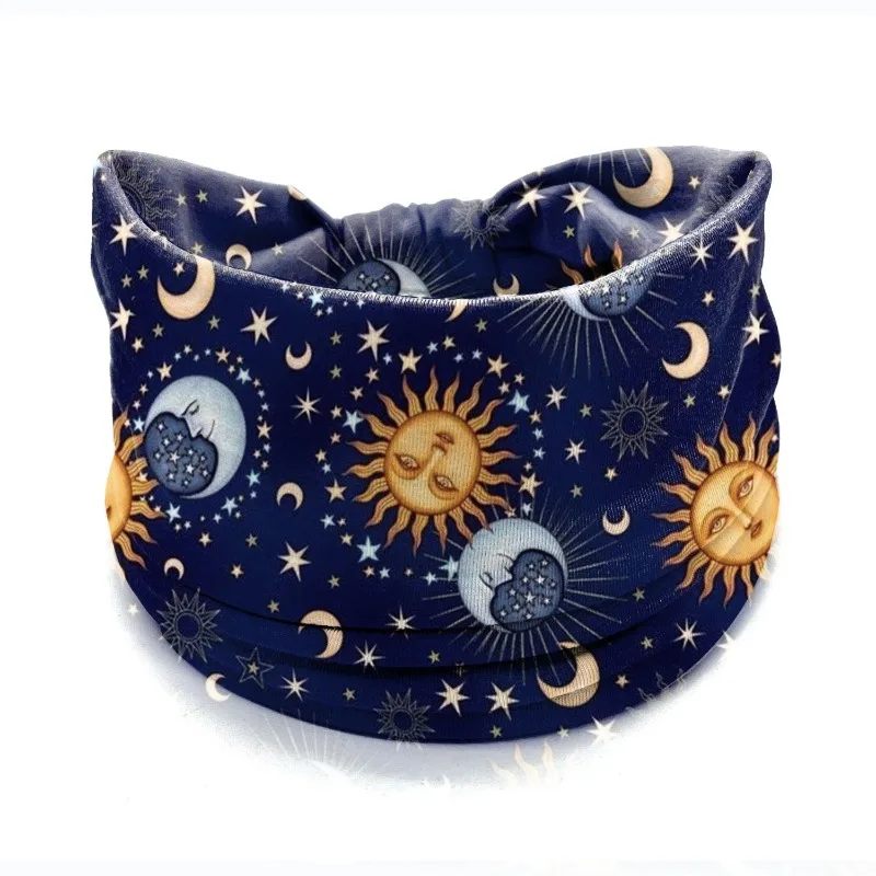 Diadema ancha bohemia de algodón para mujer, turbante con estampado de Luna y cielo estrellado, diadema con nudo, Bandana, accesorios para el