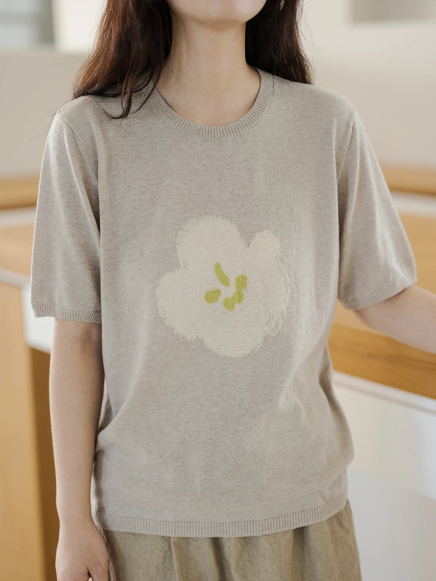 

Knitted Floral Insertion round Ne ort Sve T-irt Women's Loose Fit Summer Casual Cotton Linen Blend Sweat ng