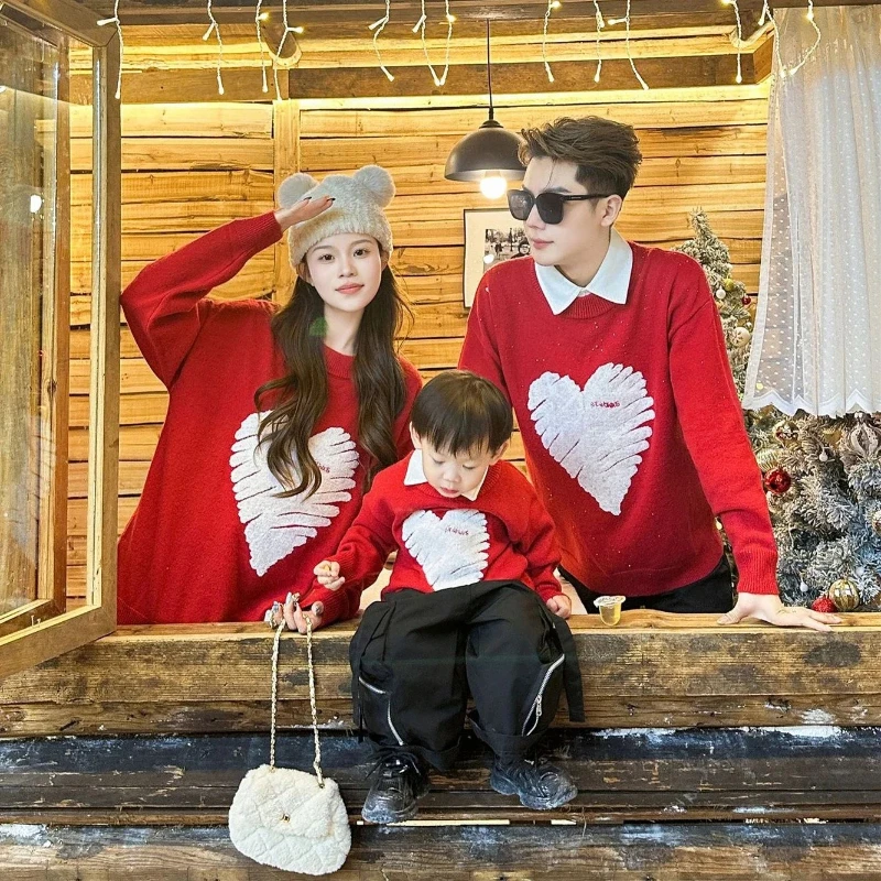 

Red Sweater New Year Matching Family Christmas Father Mother and Daughter Son Hearts Toddler Baby Knit Romper Knitted Jumper Top