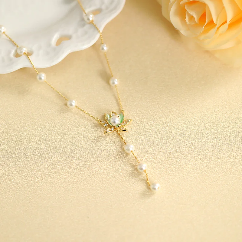 Chinese Style Lotus Flower Pendant Pearl Necklace Niche Design Advanced Sense Bracelet Ring Earrings Jewelry Set