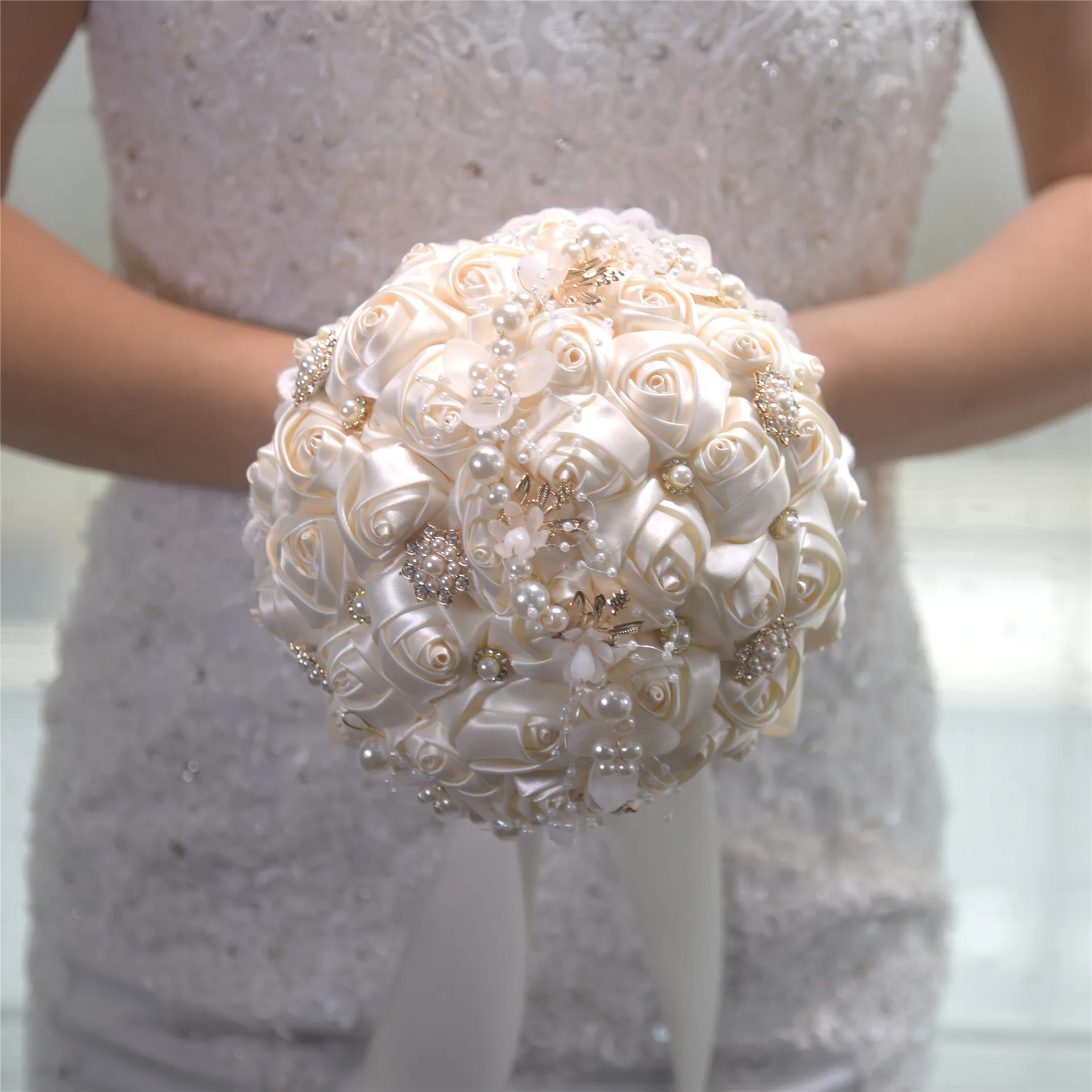 

Luxury Satin Wedding Bridal Bouquet with Rhinestone Embellishment Handmade Wedding Bouquet for Bride Bridal Valentine's Day Gift