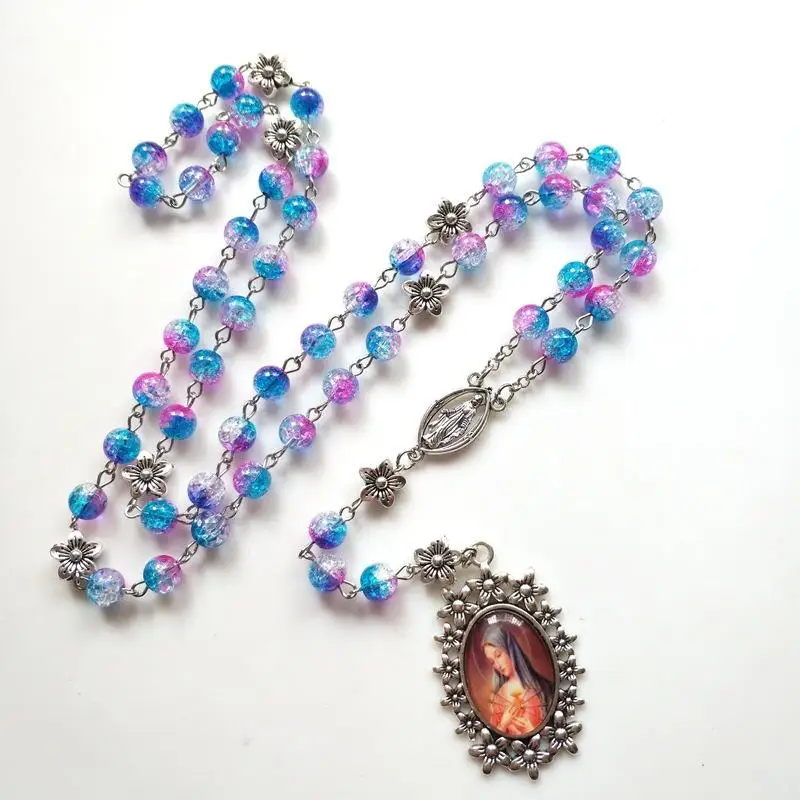 Blue Acrylic Bead Rosary Necklace Vintage Catholic Cross Jesus Pendant Jewelry for Men Women Wall Decoration