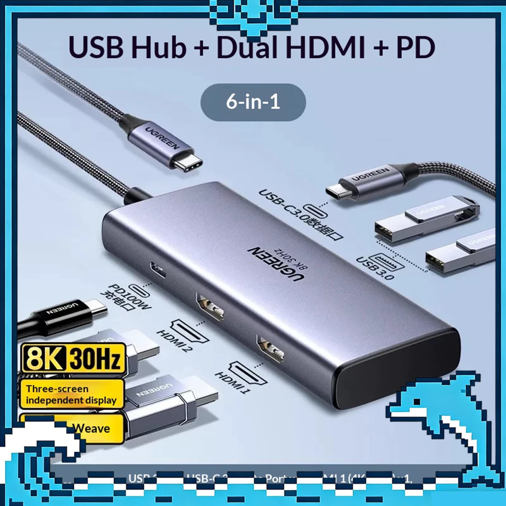 UGREEN 6 IN 1 Expansion Dock USB Typec HDMI Suitable 4k Projection Screen Suitable For Dual-screen And Multi-screen Of Macbook