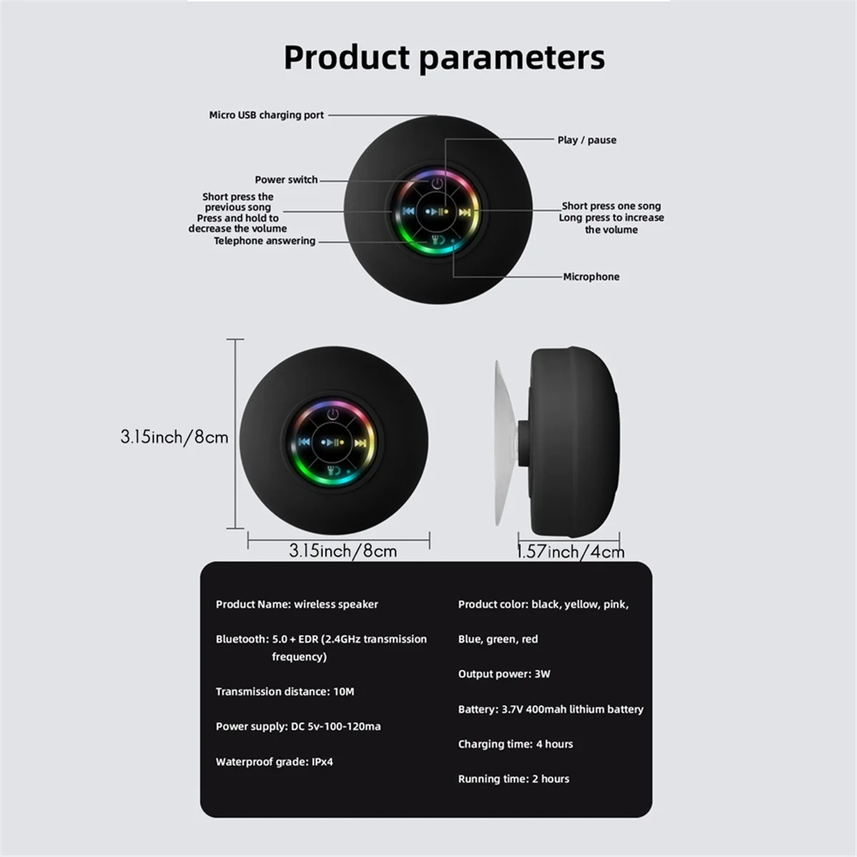 Mini Bluetooth Speaker Waterproof Bathroom Audio Wireless Shower Speakers RGB Light Bluetooth Suction Cup Speaker, Black