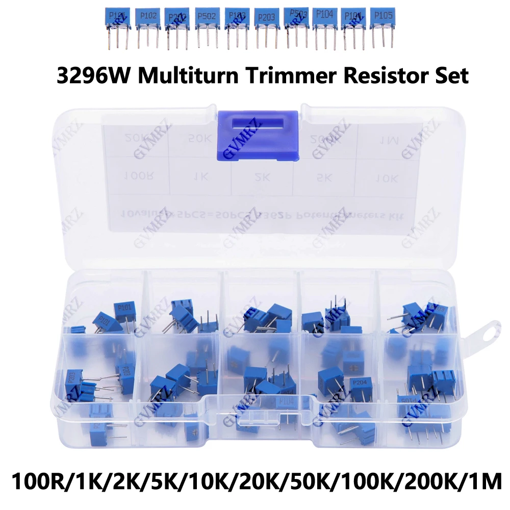 50PCS 500R-1M 3296W Multiturn Trimmer Potentiometer Kit 500R 1K 2K 5K 10K  High Precision 3296 Variable Resistor Set 20K 50K