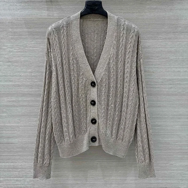 

Высококачественный женский осенний открытый льняной свитер из бисера с v-образным вырезом, элегантный трендовый кардиган 2591990