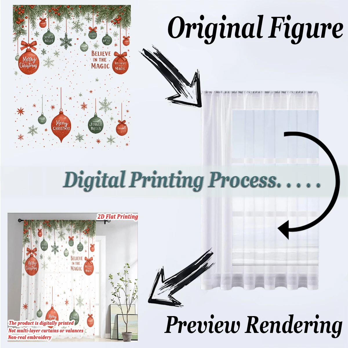 Christmas Flat Printing Sheer Curtain with Christmas Ball Snowflak Pine Branch for Living Room Bedroom Decor Holiday Party