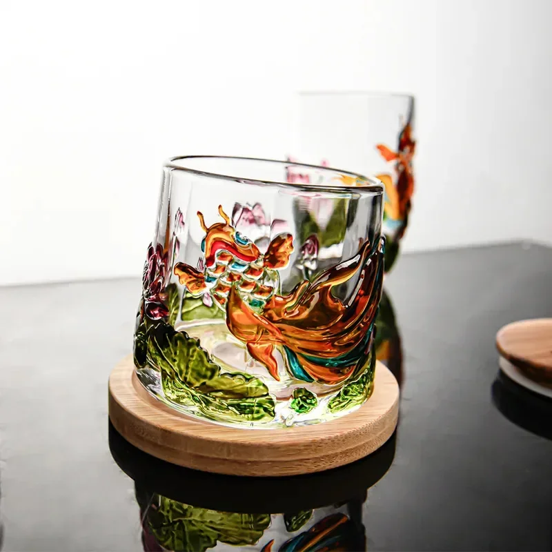 Koi Fish Rotating Tumbler Whiskey Wine Glass Creative Relief Painted Country Tide Wind Crystal Glass Chinese-Style Wine Cup