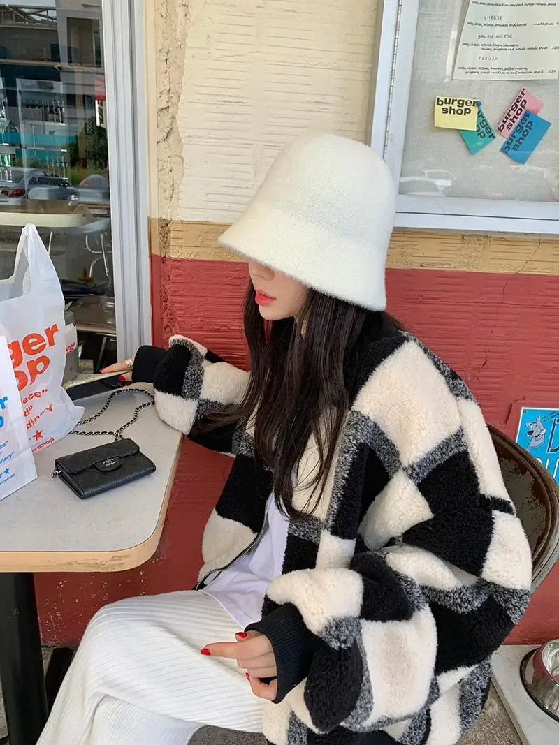 

Ladies Thiened Plaid Lamb Fur Jaet Stand Collar Loose Slimming Autumn Winter Warm Cotton Top Trendy ort Outerwear