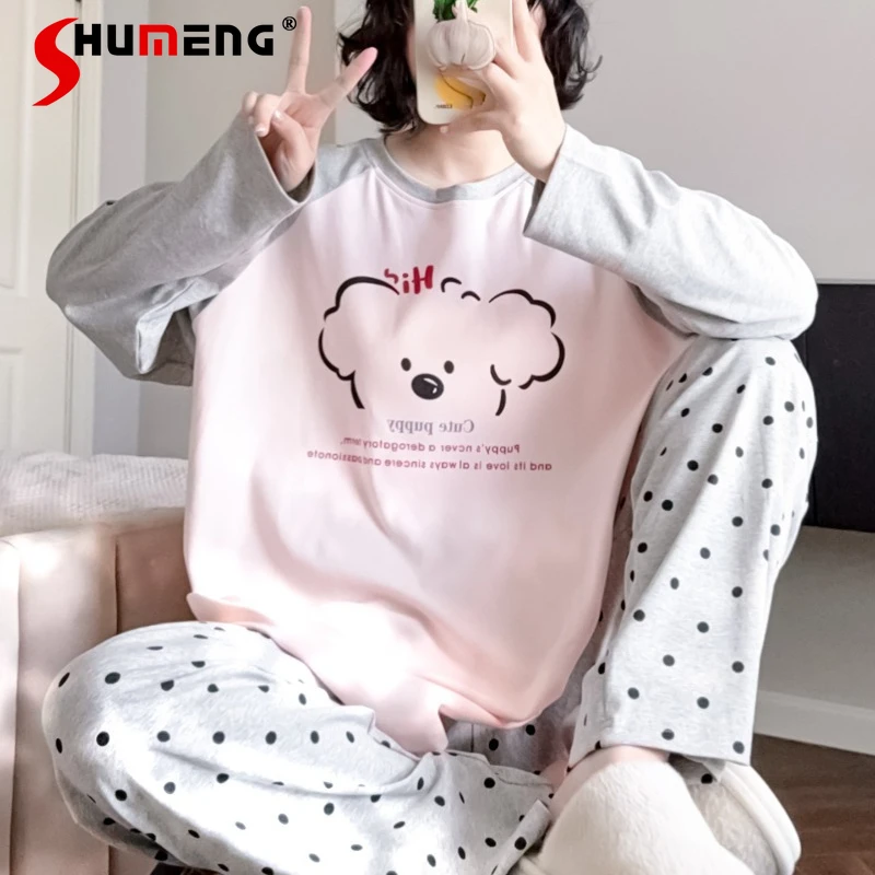 

Милые пижамы в японском стиле для женщин, милое нижнее белье из чистого хлопка с длинными рукавами, женский пуловер с круглым вырезом, комплект домашней одежды