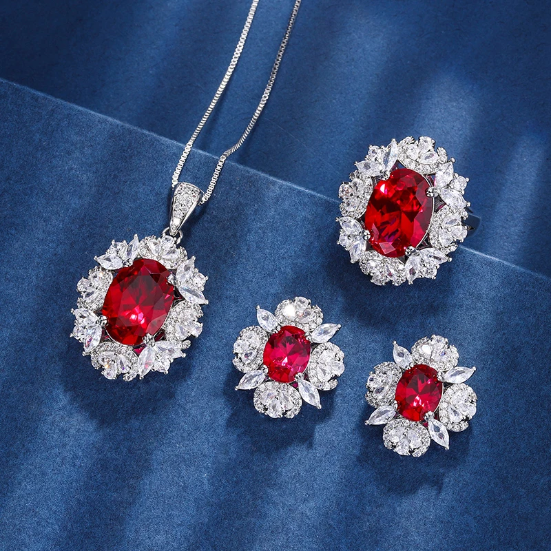 EYIKA Luxury Wedding Bridal Jewelry Set for Women Oval Created Ruby Green Crystal Zircon Flower Pendant Necklace Ring Earrings