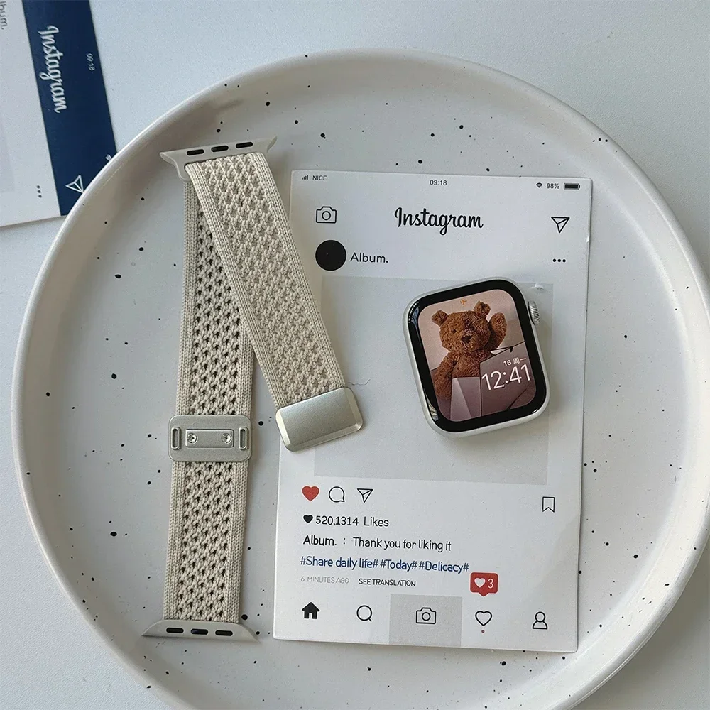 애플 워치용 나일론 자석 밴드 45mm 41mm 44 40mm 시리즈 10 46mm 42mm 소프트 브레이슬릿 아이워치 울트라 49mm 9 7 8 6 5 4 스트랩