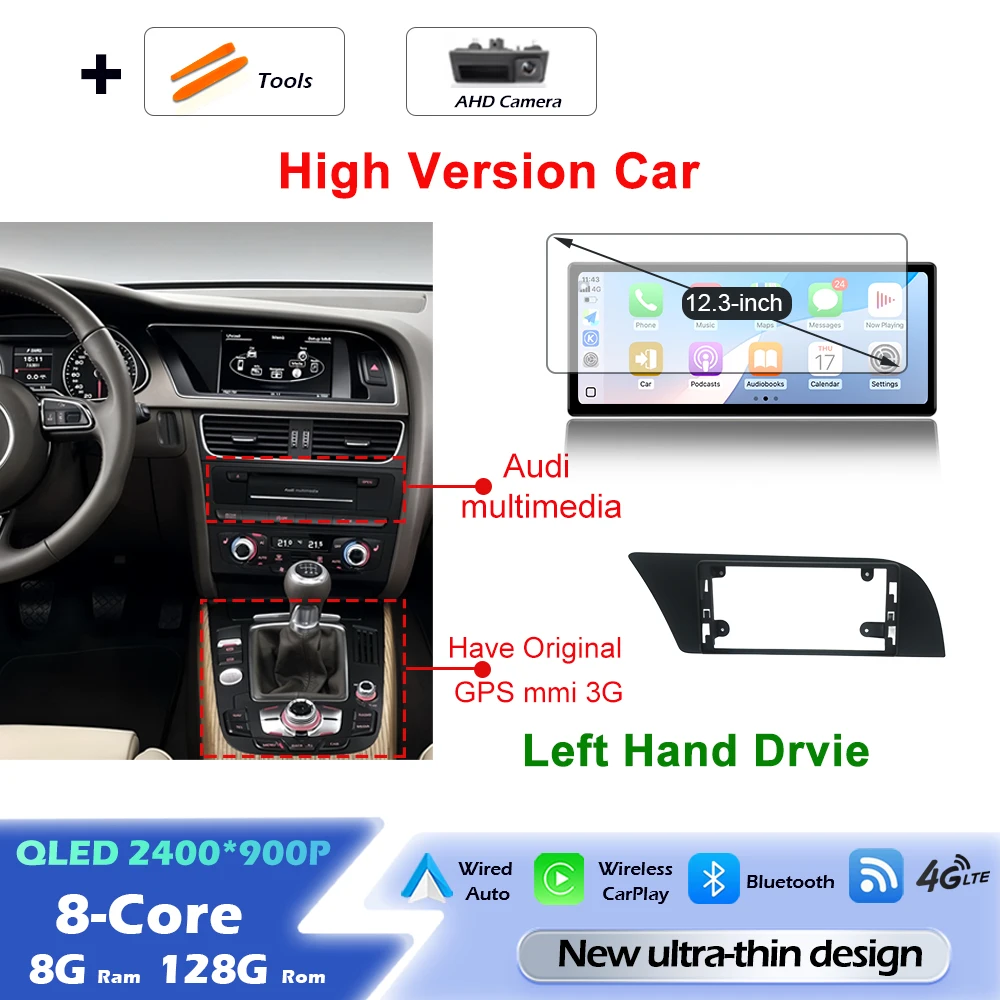 Android 16 draadloze Carplay autoradio multimediaspeler GPS navigatie ultradunne scherm DSP stereo WiFi voor Audi A4 B8 A5 2009 - 2016