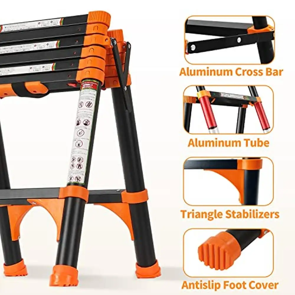 Telescoping Aluminum Ladder Retractable Extension Portable A-Frame Adjustable Height Lightweight Wide Pedal Stable Grip Non-Slip