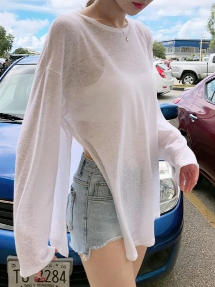 Sexy Side Split Sheer Oversize Mesh Top Women See Through Baggy Loose Casual T Shirt Thin Beach Daily Basic Tees Long Sleeve