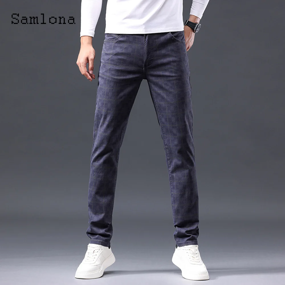 Samlona Plus Size Mens Elegant Fashion Plaid Suit Pants Soft Pocket Basic Trouser Men's Luxury Formal Straight Suits Pants New