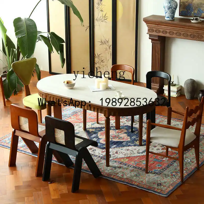 travertine rock slab solid wood dining table cherry wood retro dining table medieval French oval desk tea table