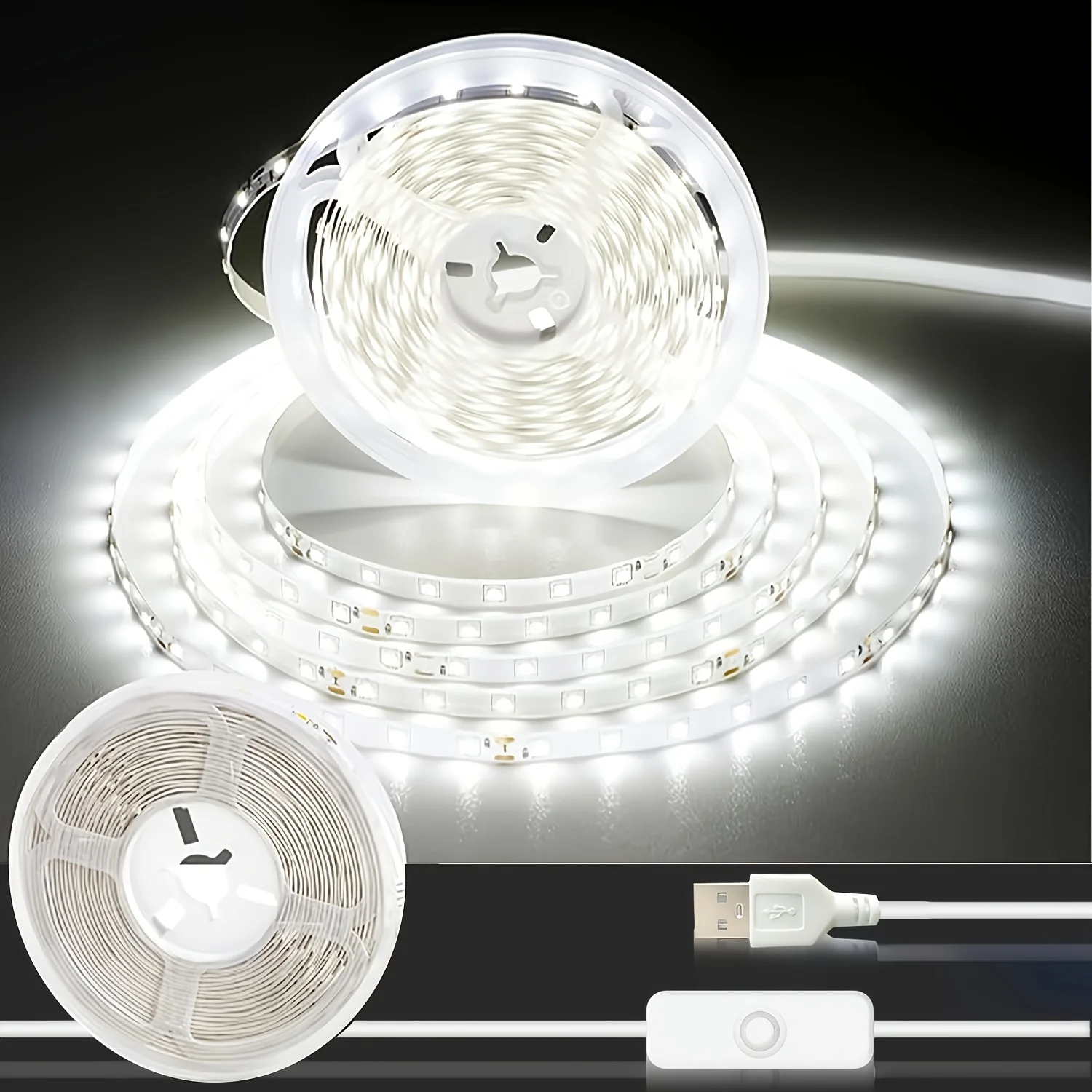 1/2/3/5/10M White LED Light Strips, 5V Indoor LED Strip Lights, Cool White Bi-Color, Equipped with a Switch Button, Easy to Ins