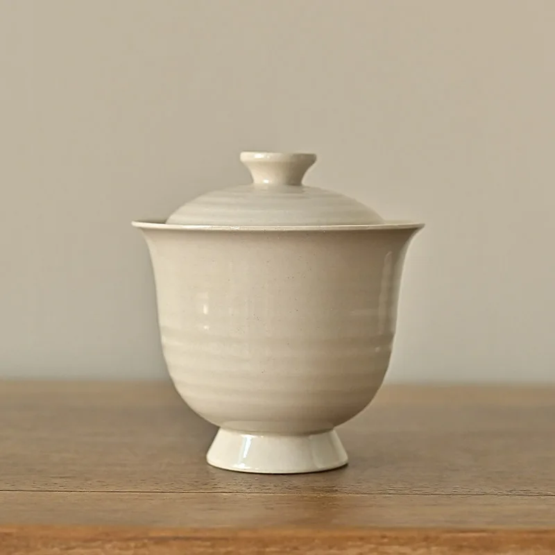 Jingdezhen Hand-Pulled Blank Mountain Series Grass Gray Glaze High Foot Tureen Egg-Shell Porcelain Gaiwan Literati Tea Ware