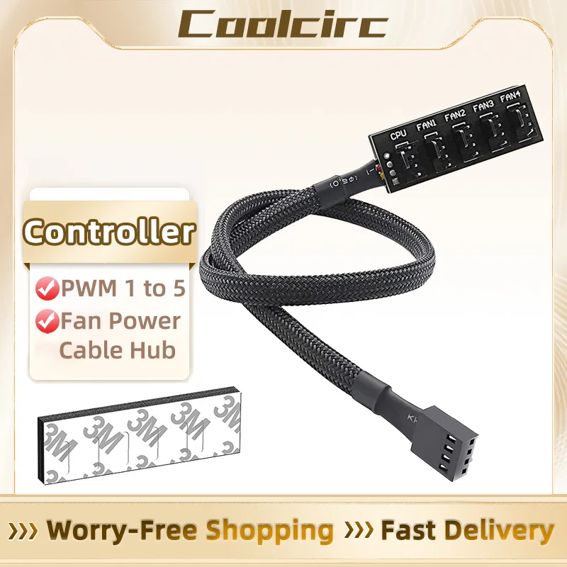 Coolcirc 1 to 5 PWM Fan Hub PC CPU Cooling 4/3PIN Fan Power Cable Hub Adapter Sleeved Case Splitter for Computer Cooler Case Fan