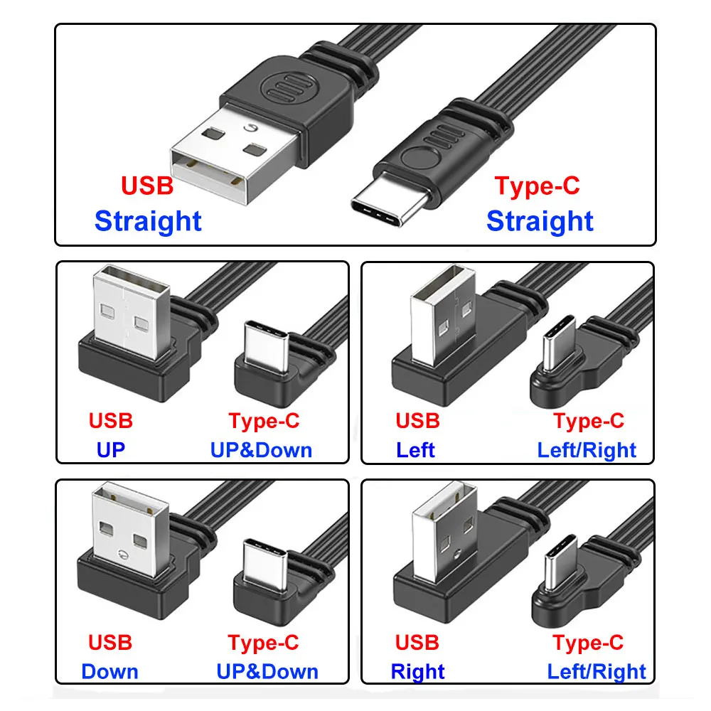 10-100cm USB 2.0 to Type-C Data Cable Straight Up Down Left Right Angled 90 Degree 2A Power Supply Flat Flexible Charging Cord