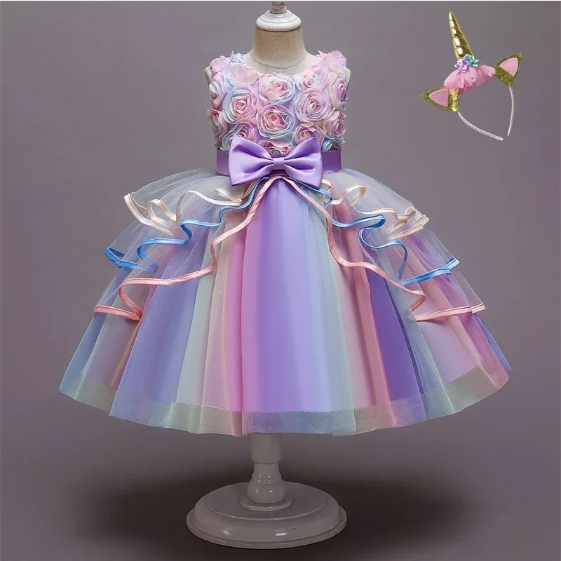 Flower Girl Unicorn Rainbow Wedding Party Dress Girl Birthday Party Unicorn Role Dance Performance Dress Kids Clothing 3-10Yrs