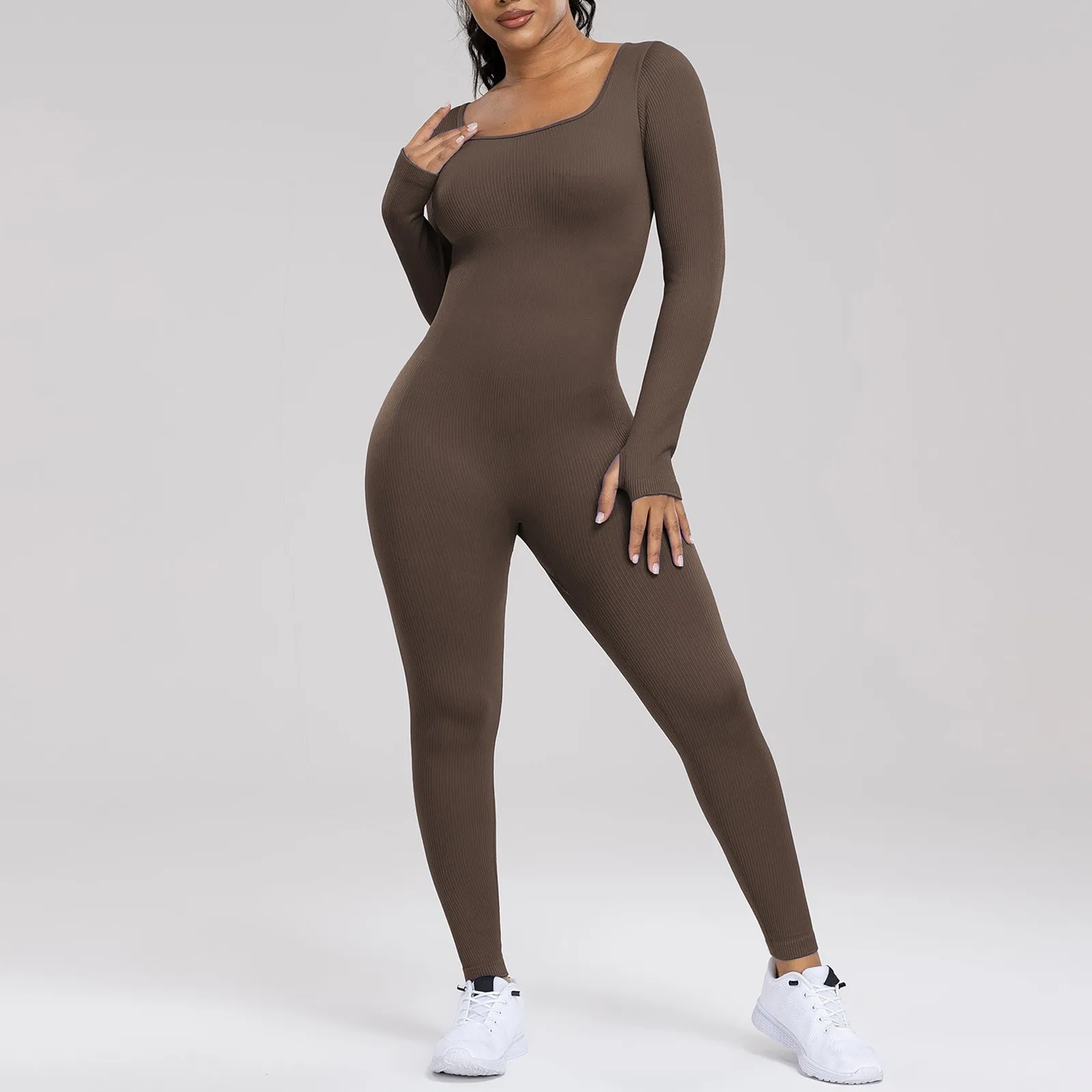 Women'S Long Sleeve Jumpsuits Casual Seamless Square Collar Sports Jumpsuit Outdoor Fitness Running Tight Fitting Jumpsuit