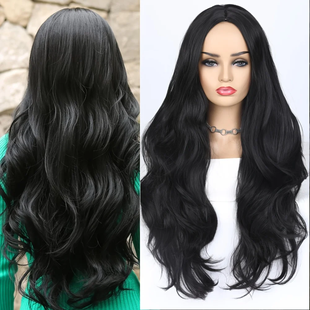 Long-wavy body wig, middle-parted ladies' wig, natural wavy synthetic hair strands, heat-set, Christmas wig