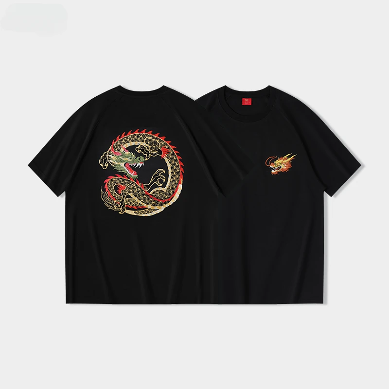 Men Dragon T Shirt Embroidery Summer Animal T Shirt Fashion Casual Short Sleeve Cotton VintageTees Top Chinese Men Clothing 2024