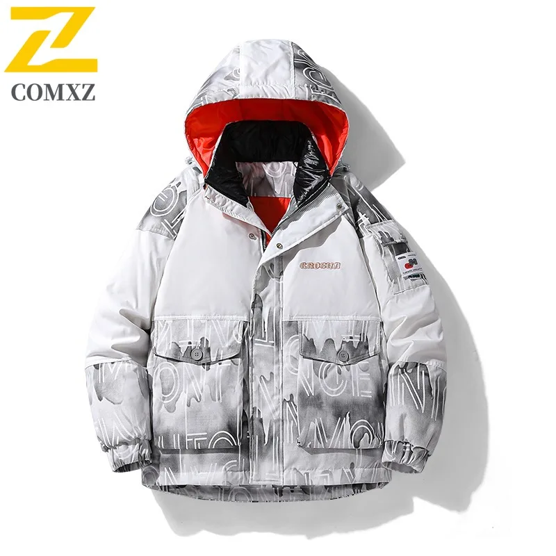 

COMXZ 2025, новая зимняя мужская куртка-пуховик с капюшоном, трендовое утолщенное термогорное лоскутное водонепроницаемое и ветрозащитное уличное пальто