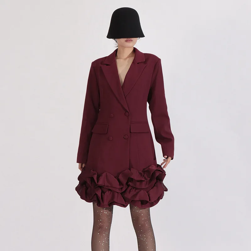 Women's Solid Color Blazer Dresses 2025 Autumn Double Breasted Chic Design Outerwear Long Sleeve Ruffle Hem Lapel Jackets