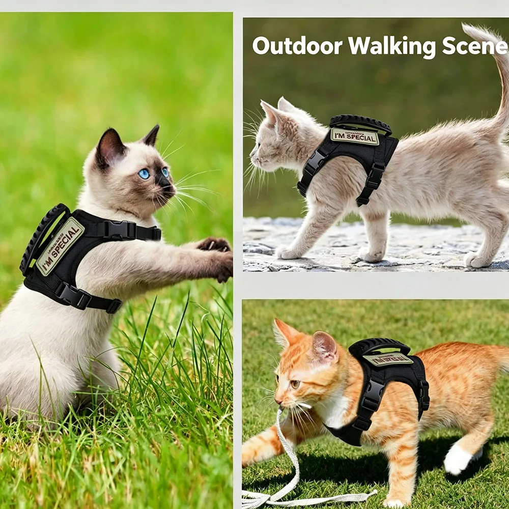 Tactical Cat Harness Vest, Escape-Proof Adjustable Pet Chest Strap with Handle, Outdoor Walking Leash - view 3