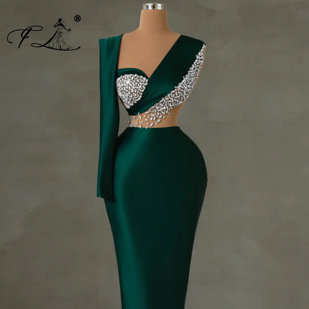 Emerald Green One Shoulder Mermaid Prom Dresses With Rhinestone Dubai Arabic Formal Evening Gowns Customized Sexy Party Vestidos