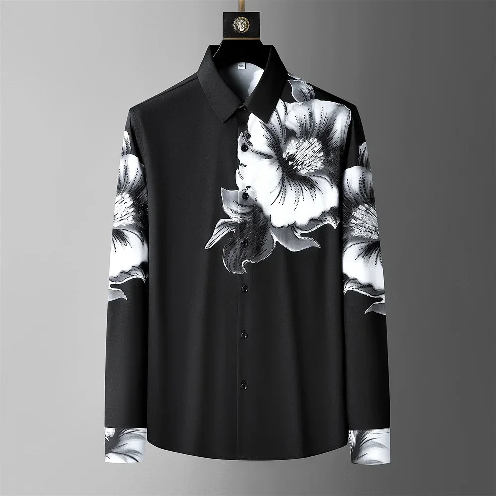 Brand Rhinestone Flower Men\'s Shirt Long Sleeve Casual Business Dress Shirts Social Streetwear Party Tuxedo Blouse Men Clothing