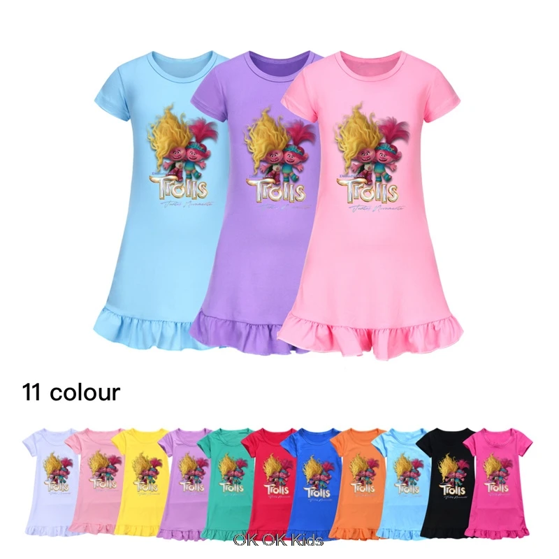 New Summer Trolls Nightgown Gilr's Pijamas for Young Girls Fashion Soft Cotton Korean Size 100-160 Night Gown Best Gift