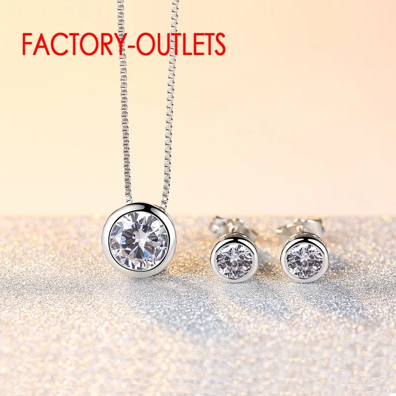 925 Sterling Silver Pendant Necklace Stud Earrings 9 Colours Fashion Jewelry Set CZ  Crystal Women Girls Party Engagement