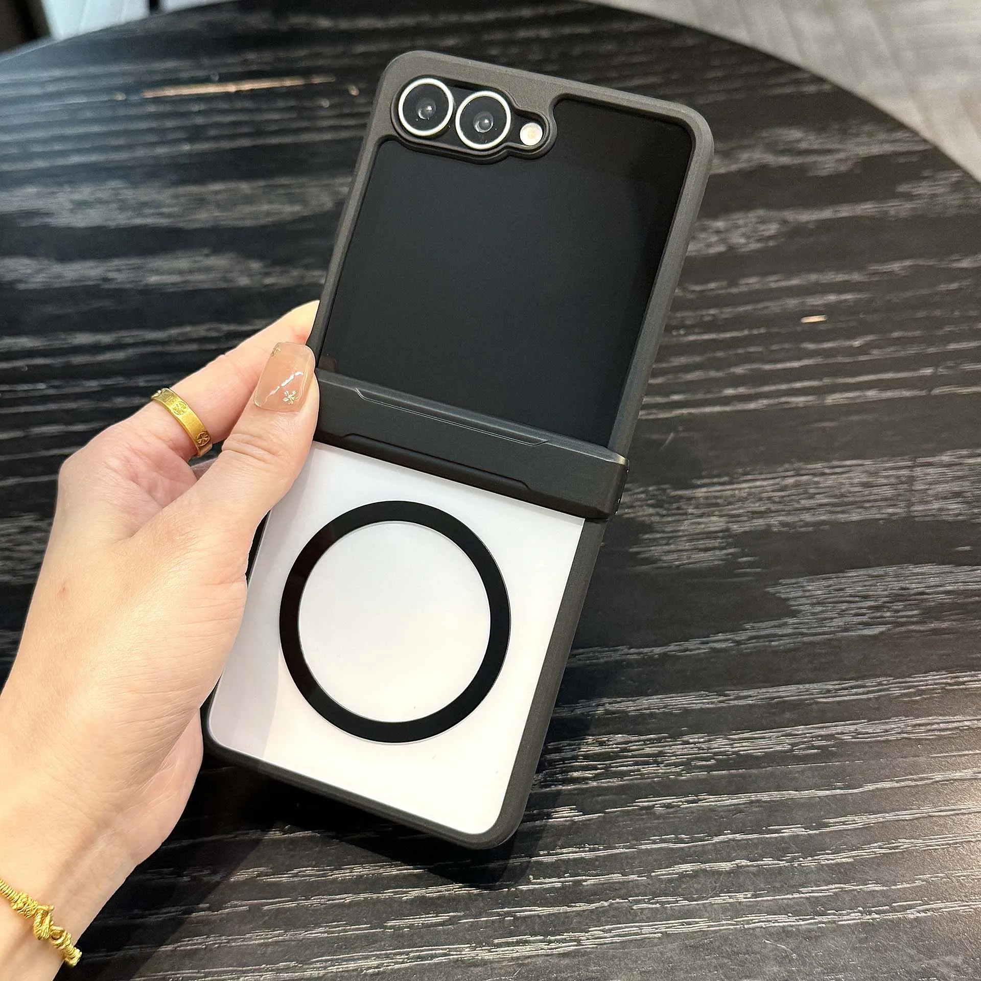 Clear Magnetic Phone Case for Samsung Galaxy Z Flip 7 Black Soft Silicone Border Folding Hinge Wireless Charging Protect Cover